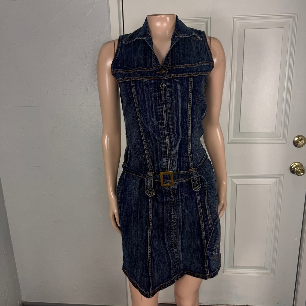 Vintage Y2K Denim Women's Dress Small Mini Stretch Zip Tie Cotton Tony 999 V3-15